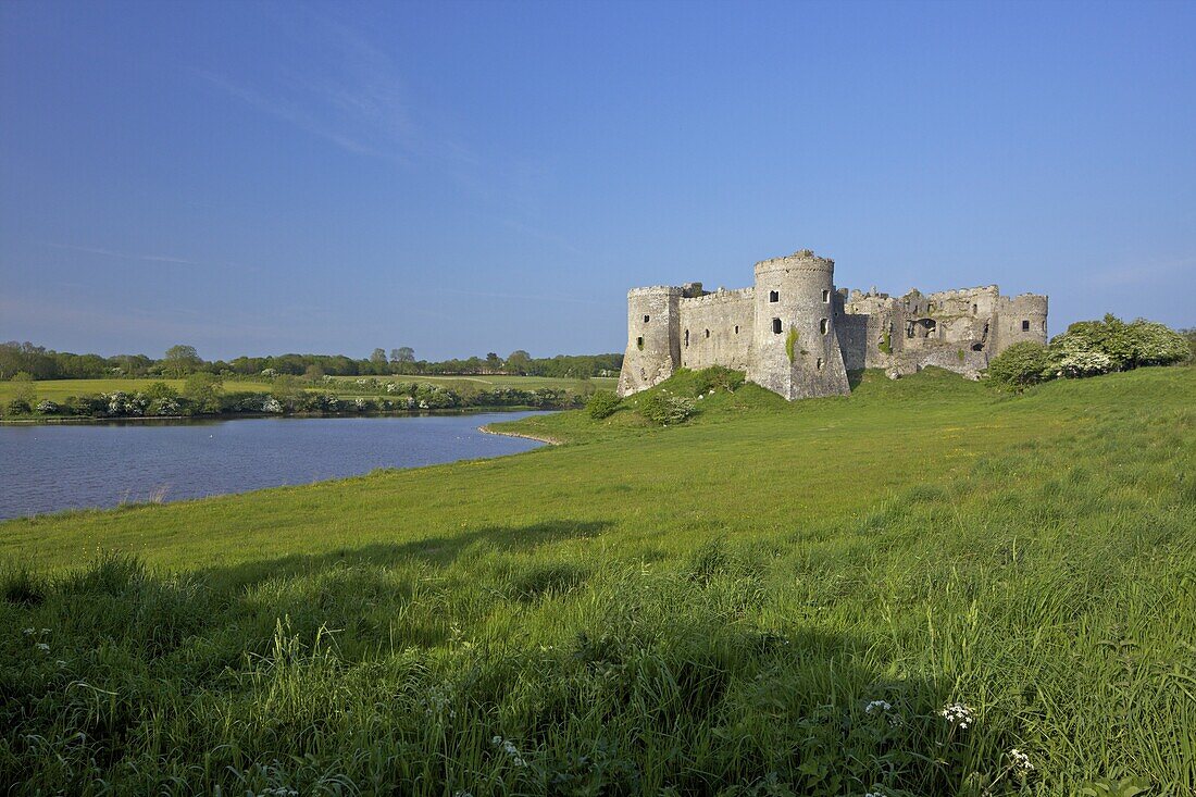 Carew ruined castle in spring sunshine, Pembrokeshire National Park, West Wales,Wales, United Kingdom, Europe