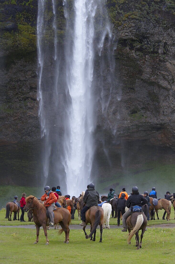Horse riders taking a rest at Seljalandsfoss on the south coast of Iceland
