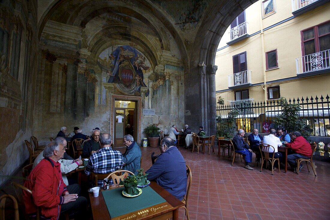 An old palazzo transformed into a bar for card players in Sorrento, Costiera Amalfitana, Campania, Italy, Europe