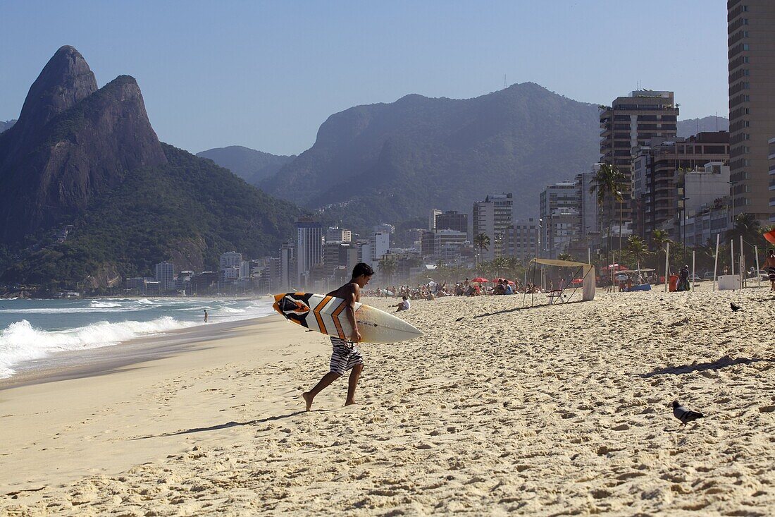 Surfing on Ipanema beach, Rio de Janeiro, Brazil, South America