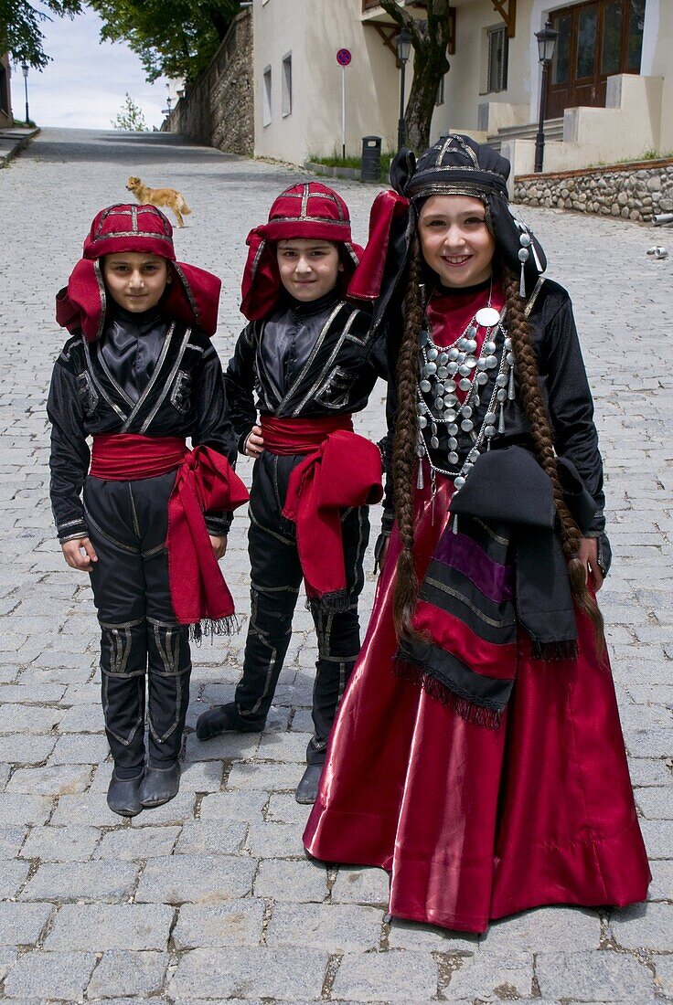 Young traditionally dressed Georgian children, Sighnaghi, Georgia, Caucasus, Central Asia, Asia