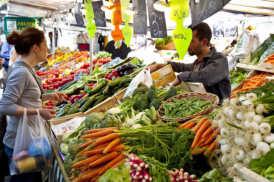 People shopping at market, Place Monge, Paris, France, Europe