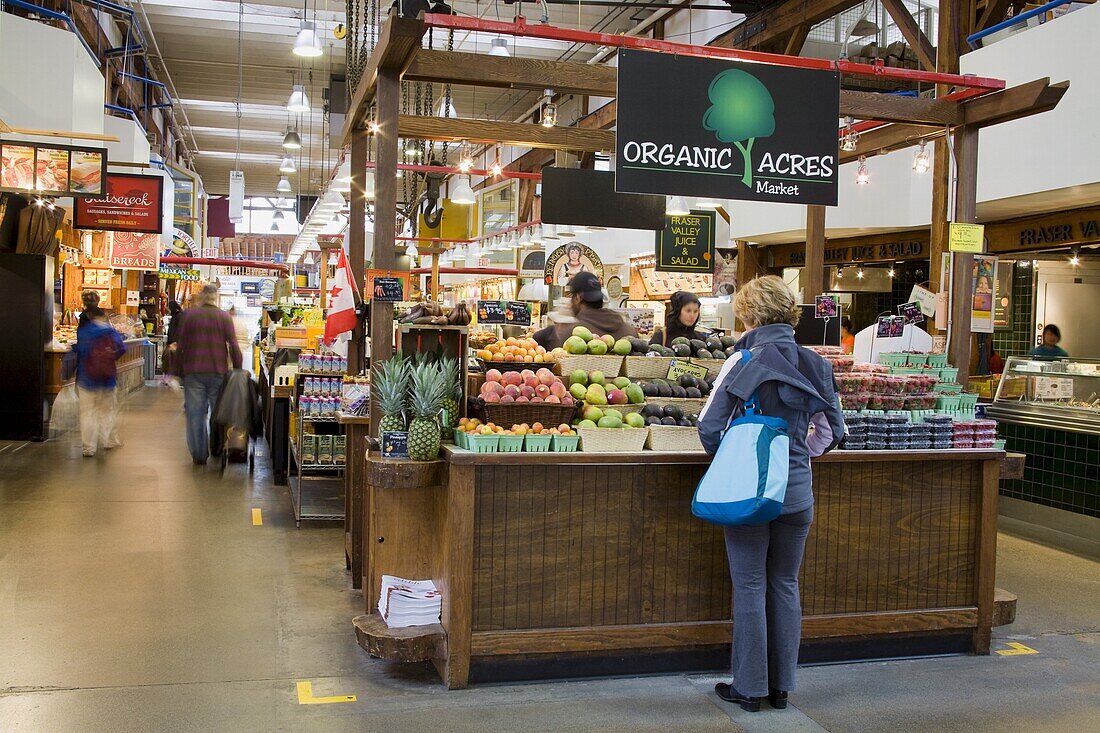 Organic fruit stall at Granville Island Public Market, Vancouver, British Columbia, Canada, North America