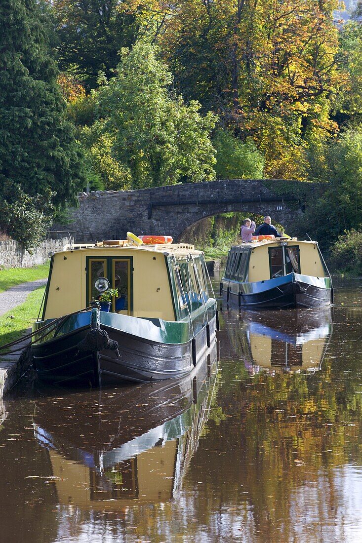 Narrowboat cruising on the Monmouthshire and Brecon Canal, Llangattock, Brecon Beacons National Park, Powys, Wales, United Kingdom, Europe