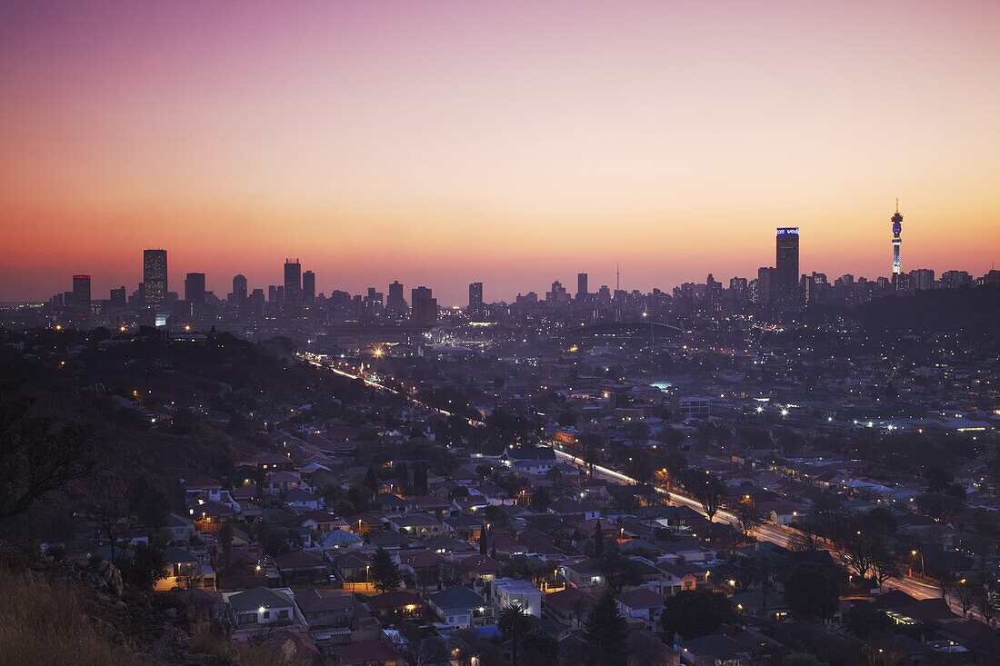 View of Johannesburg skyline at sunset, Gauteng, South Africa, Africa