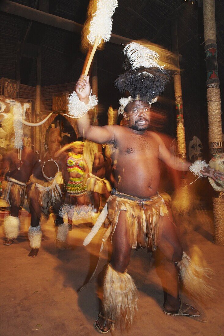 Dancers performing traditional Zulu dance, Shakaland, Eshowe, Zululand, KwaZulu-Natal, South Africa, Africa