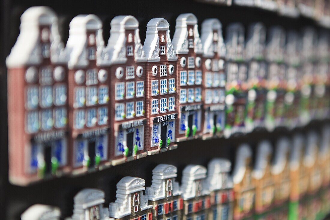 Souvenir fridge magnets in the shape of Amsterdam's Dutch gabled houses, Amsterdam, Netherlands, Europe