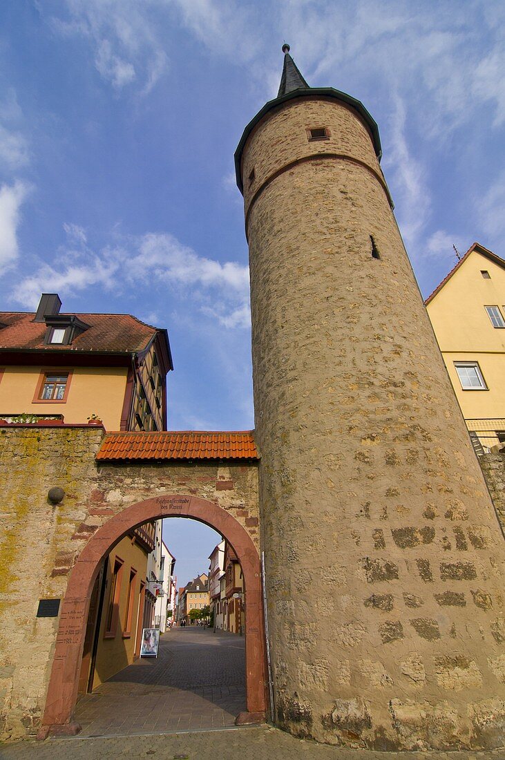 Old tower and entrance gate to the town of Karlstadt am Main, Main-Spessart district, Franconia, Bavaria, Germany, Europe