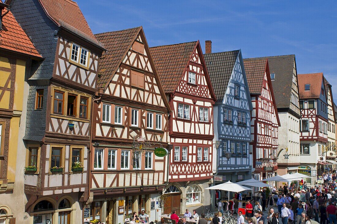 Half timbered houses in the pedestrian zone of Ochsenfurt, Franconia, Bavaria, Germany, Europe