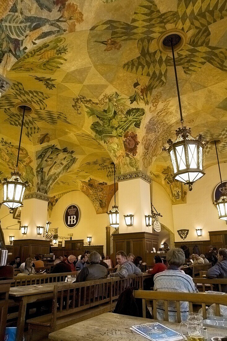 The ornate painted vaulted arch ceiling of the Hofbraeuhaus in Munich, Bavaria, Germany, Europe