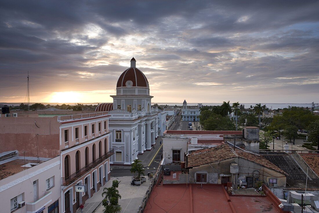 View over Parque Jose Marti at sunset from the roof of the Hotel La Union, Cienfuegos, UNESCO World Heritage Site, Cuba, West Indies, Central America