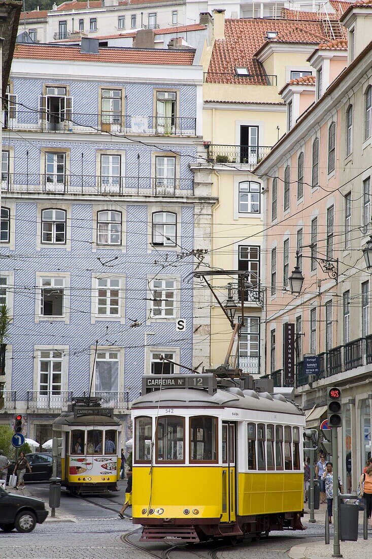 Tram in Praca Da Figueira, Rossio District, Lisbon, Portugal, Europe