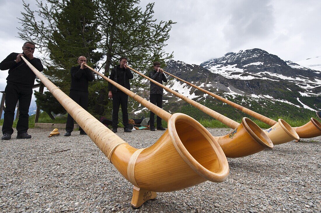Men playing alpenhorn or alpine horn, Switzerland, Europe