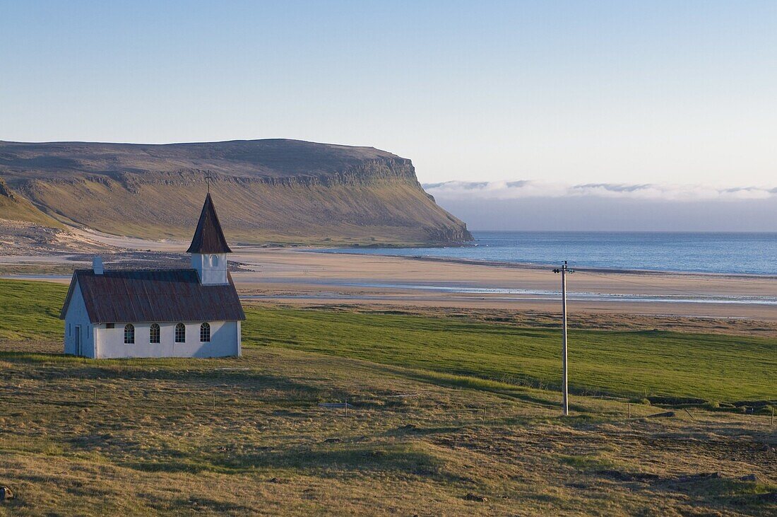 Lonely church at Breidavik, the Westfjords, Iceland, Polar Regions