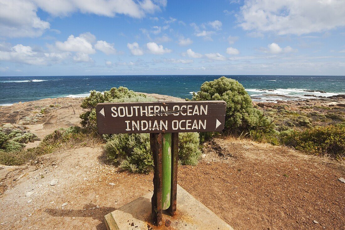Sign marking the Southern and Indian Oceans at Cape Leeuwin, the south western tip of the continent, Augusta-Margaret River Shire, Western Australia, Australia, Pacific