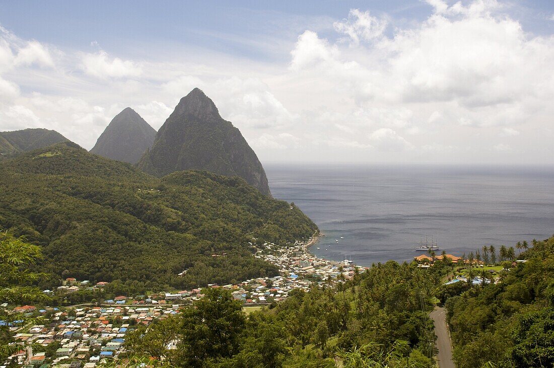 An aerial view of the Pitons and the town of Soufriere, St. Lucia, The Windward Islands, West Indies, Caribbean, Central America