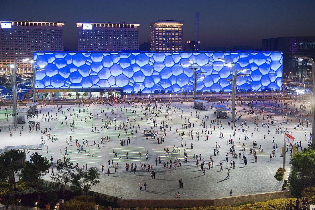 Night view of the Water Cube National Aquatics Center on the Olympic Green, Beijng, China, Asia