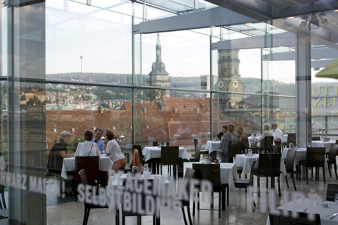 People sitting in the restaurant at the Kunstmuseum's cafe, Stuttgart, Baden Wurttemberg, Germany, Europe