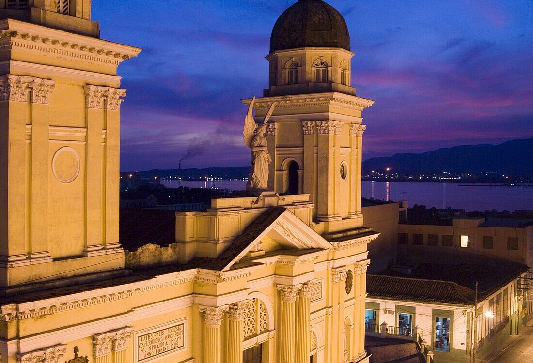 A view of the Catedral de la Anuncion at dusk, Santiago de Cuba, Cuba, West Indies, Central America