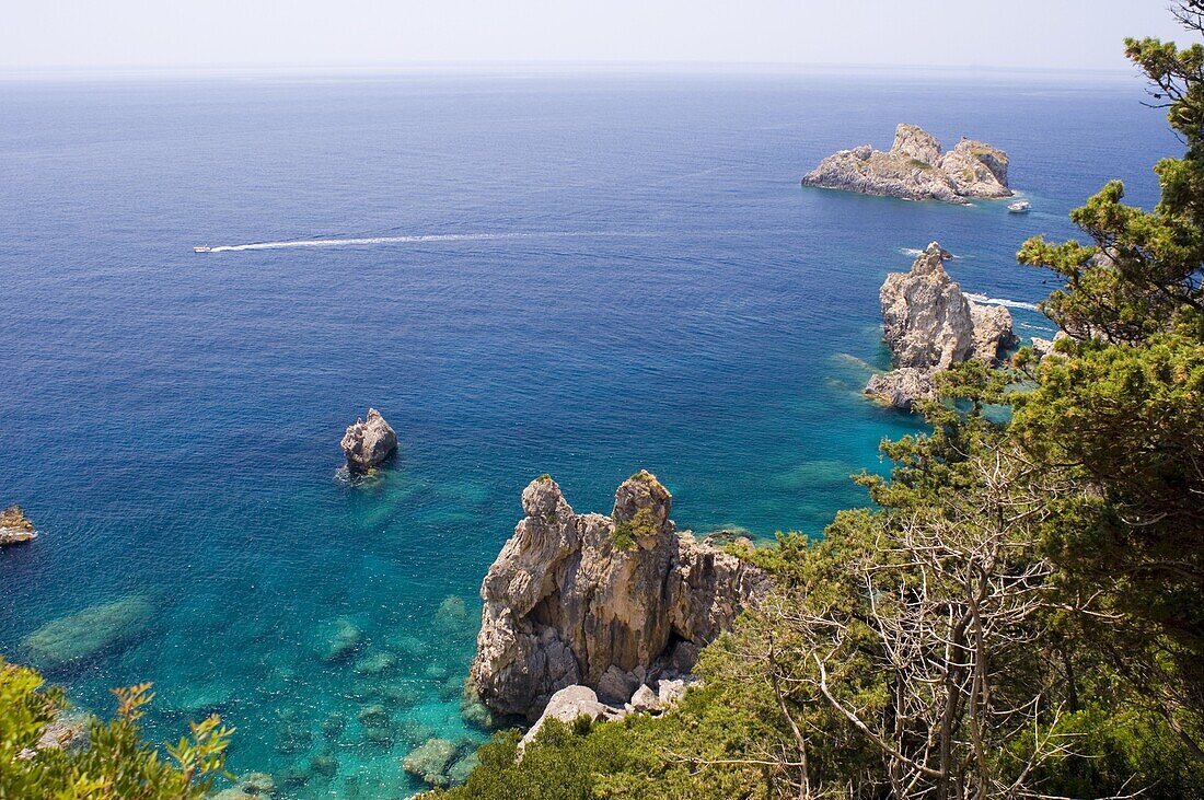 Dramatic steep cliffs and sea at Paleokastritsa, west coast, Corfu, Ionian Islands, Greek Islands, Greece, Europe
