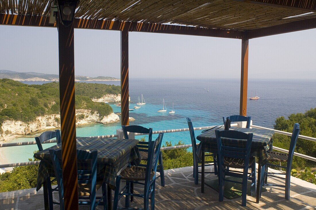 A taverna overlooking the coast above Voutoumi Beach, Anti-Paxos, Ionian Islands, Greek Islands, Greece, Europe
