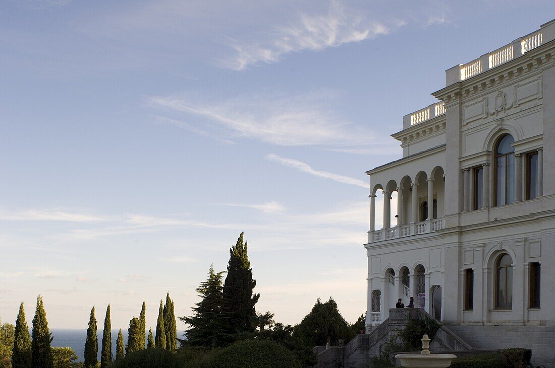 The Livadia Palace and a view over the garden to the Black Sea, Yalta, Crimea, Ukraine, Europe