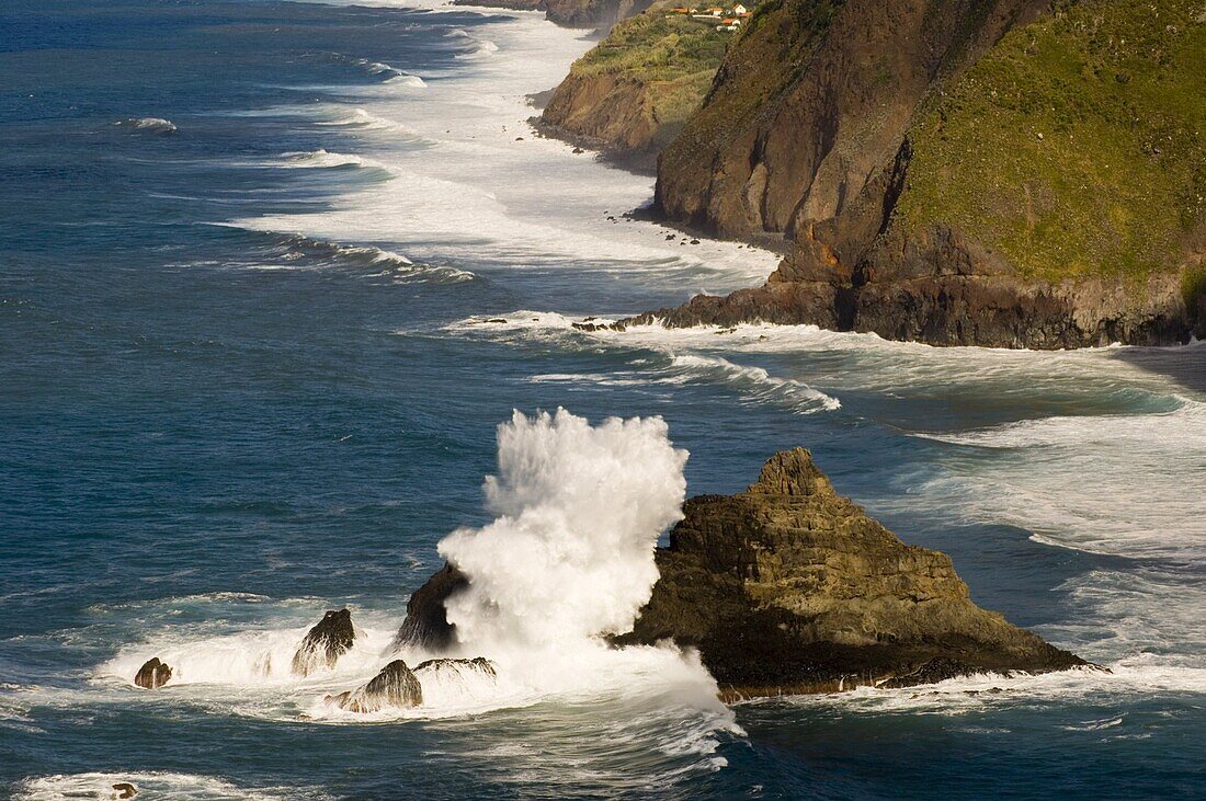 Waves pounding the cliffs on the north coast near Ponta Delgada, Madeira, Portugal, Atlantic, Europe