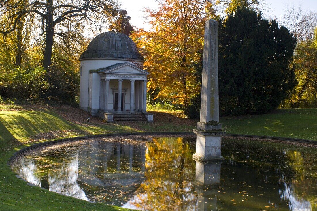 The Ionic temple, obelisk and reflecting pool at Chiswick House in West London, England, United Kingdom, Europe