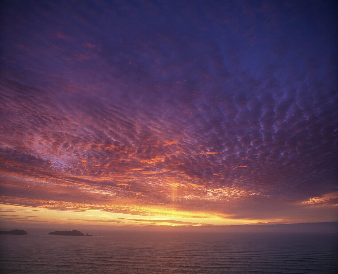 Colourful skies at dusk, over seascape, New Zealand, Pacific