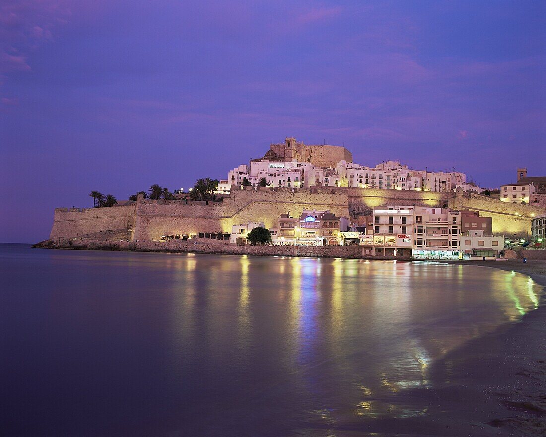 The Citadel by night, Peniscola, Costa del Azahar, Valencia, Spain, Mediterranean, Europe