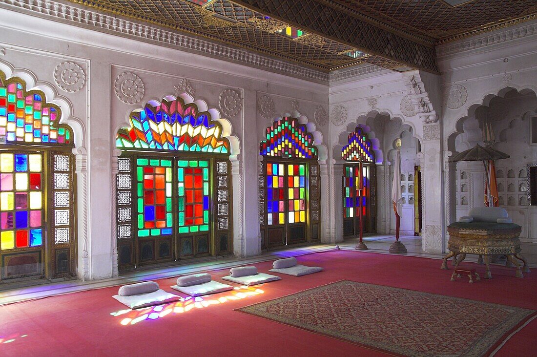 Colourful stained glass in the Maharaja's throne room, Meherangarh Fort Museum, Jodhpur, Rajasthan state, India, Asia