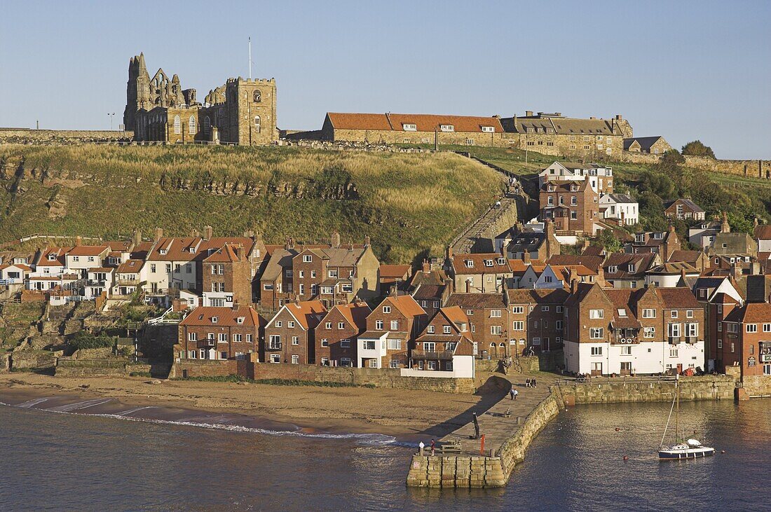 Abbey ruins, church, sandy beach and harbour, Whitby, North Yorkshire, Yorkshire, England, United Kingdom, Europe