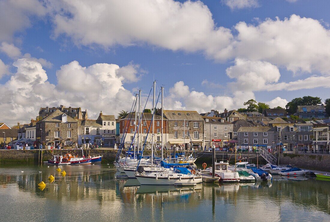 Small boats and yachts at high tide in Padstow harbour, Padstow, North Cornwall, England, United Kingdom, Europe