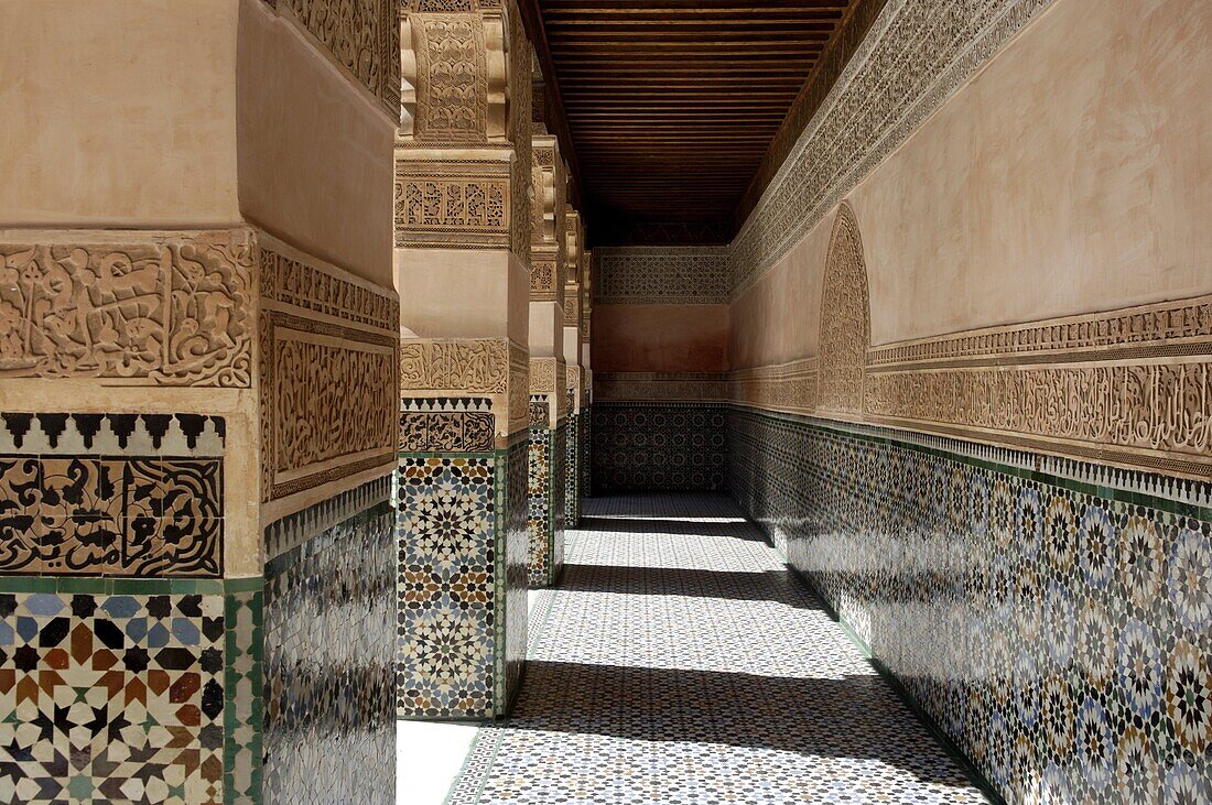 The Medersa Ben Youssef, the largest in Morocco, built by the Almoravide dynasty and then rebuilt in the 19th century, richly decorated in marble, carved wood and plasterwork, Medina, Marrakesh, Morroco, North Africa, Africa