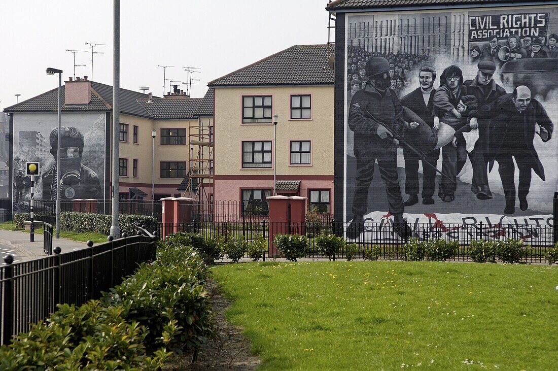 Republican murals around Free Derry Corner, Bogside, Derry, Ulster, Northern Ireland, United Kingdom, Europe