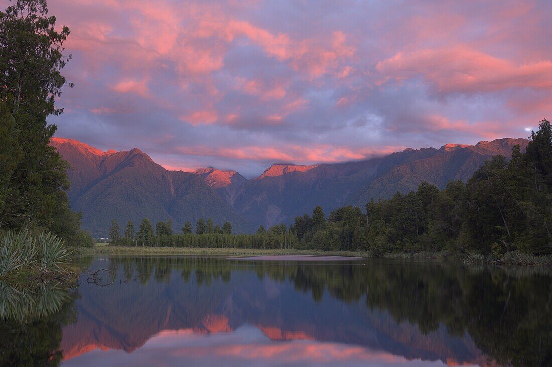 Sunset, Lake Matheson and Southern Alps, Westland, South Island, New Zealand, Pacific