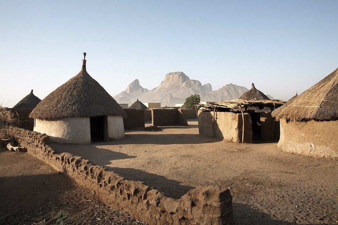 Homes lie in the shadow of Taka Mountain in the town of Kassala, Sudan, Africa