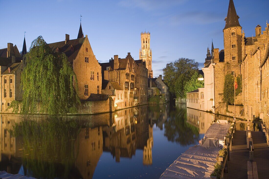 Canal and Belfry Tower in the evening, Bruges, Belgium, Europe
