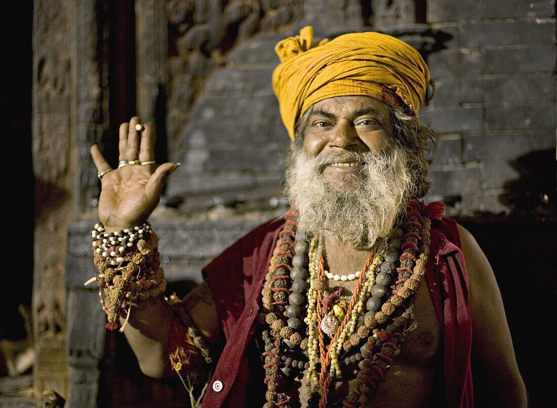 Holy man (sadhu) wearing necklaces of rudraksh seeds, during the Hindu festival of Shivaratri, Pashupatinath, Kathmandu, Nepall, Asia
