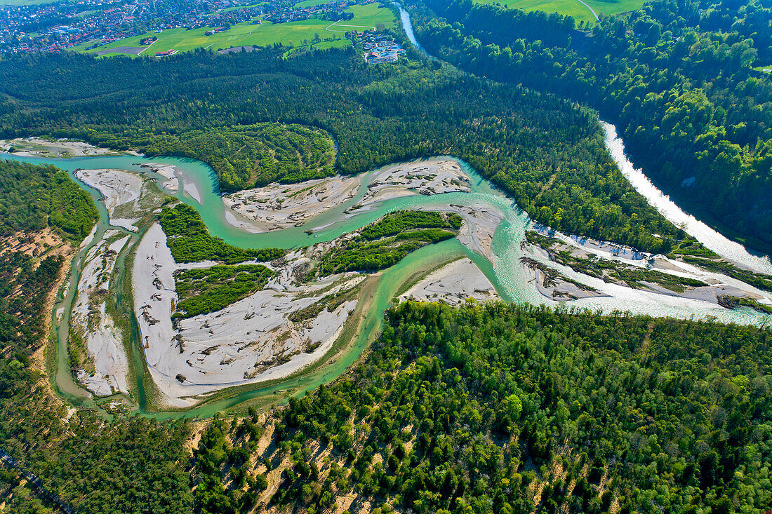 Aerial view of the river Isar, Pupplinger Au, Bavaria, Germany