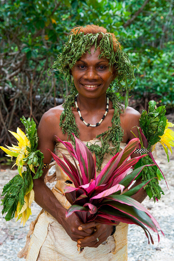 Tribeswoman during traditional dance and cultural performance, Nendo Island, Santa Cruz Islands, Solomon Islands, South Pacific