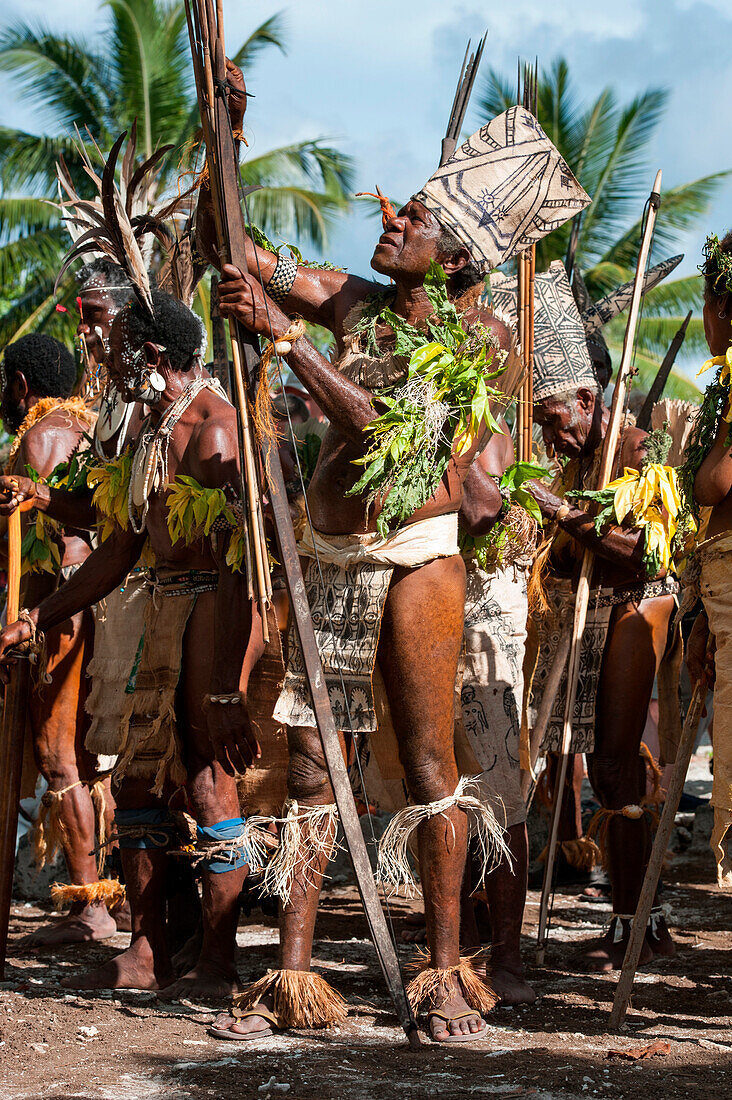 Tribespeople during traditional dance and cultural performance, Nendo Island, Santa Cruz Islands, Solomon Islands, South Pacific