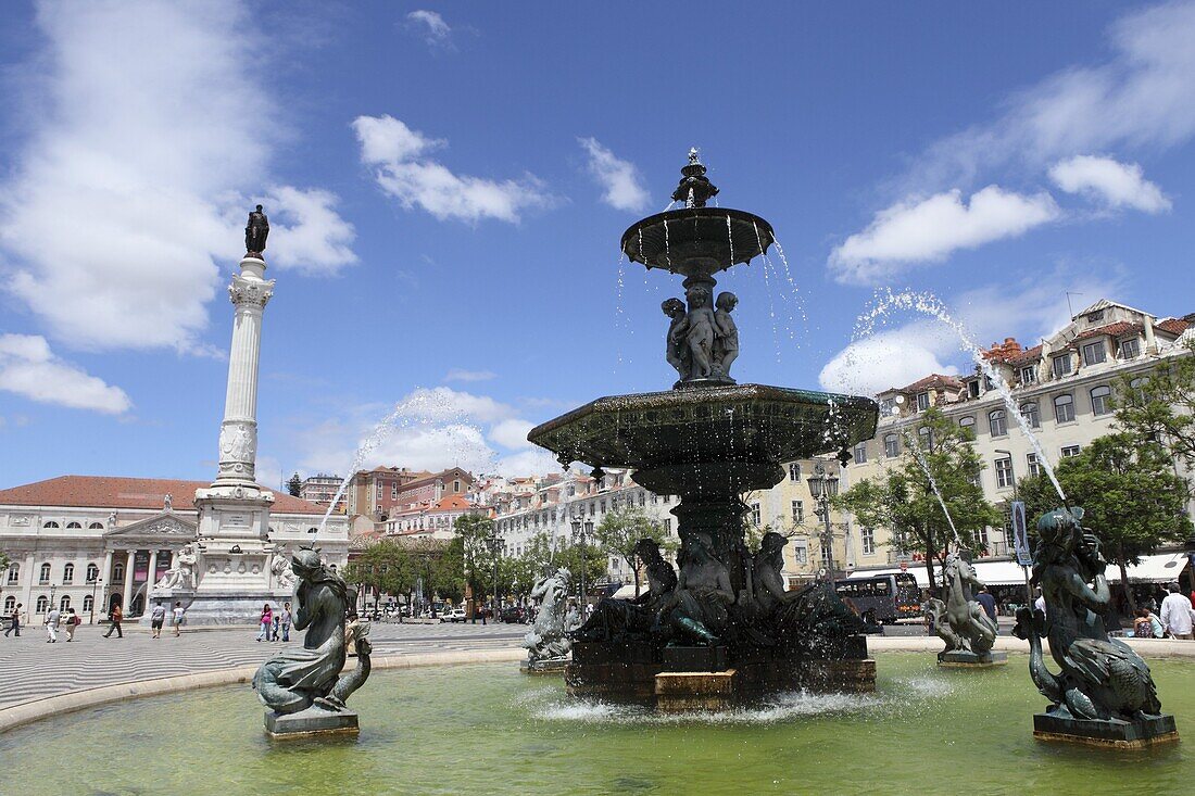 The Rossio Fountain on Praca Dom Pedro IV public square in the central Baixa district, Lisbon, Portugal, Europe
