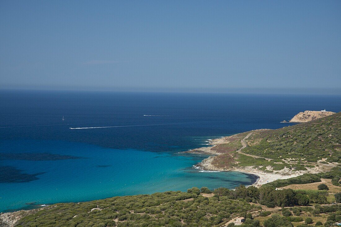 An aerial view of the Corsican coast near L'Ile Rousse in the Haute-Balagne region, Corsica, France, Mediterranean, Europe