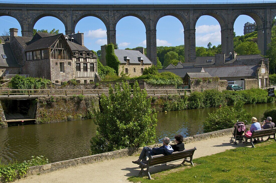 Banks of Rance River, view of old town houses, and viaduct, Dinan, Cotes d'Armor, Brittany, France, Europe