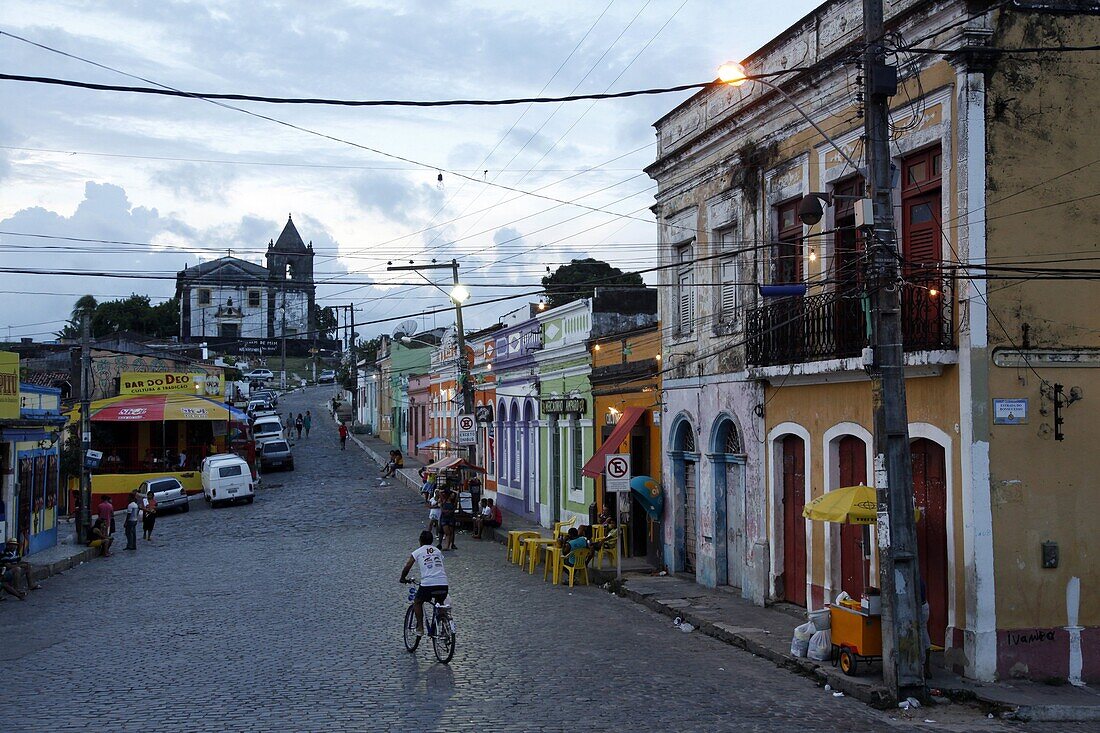 Street scene with colorful houses, Olinda, Pernambuco, Brazil, South America