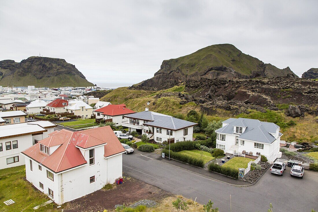 View over the town of Heimaey from recent lava flow on Heimaey Island, Iceland, Polar Regions