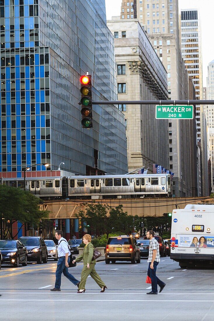 L train on elevated track crosses South LaSalle Street in the Loop district, Chicago, Illinois, United States of America, North America