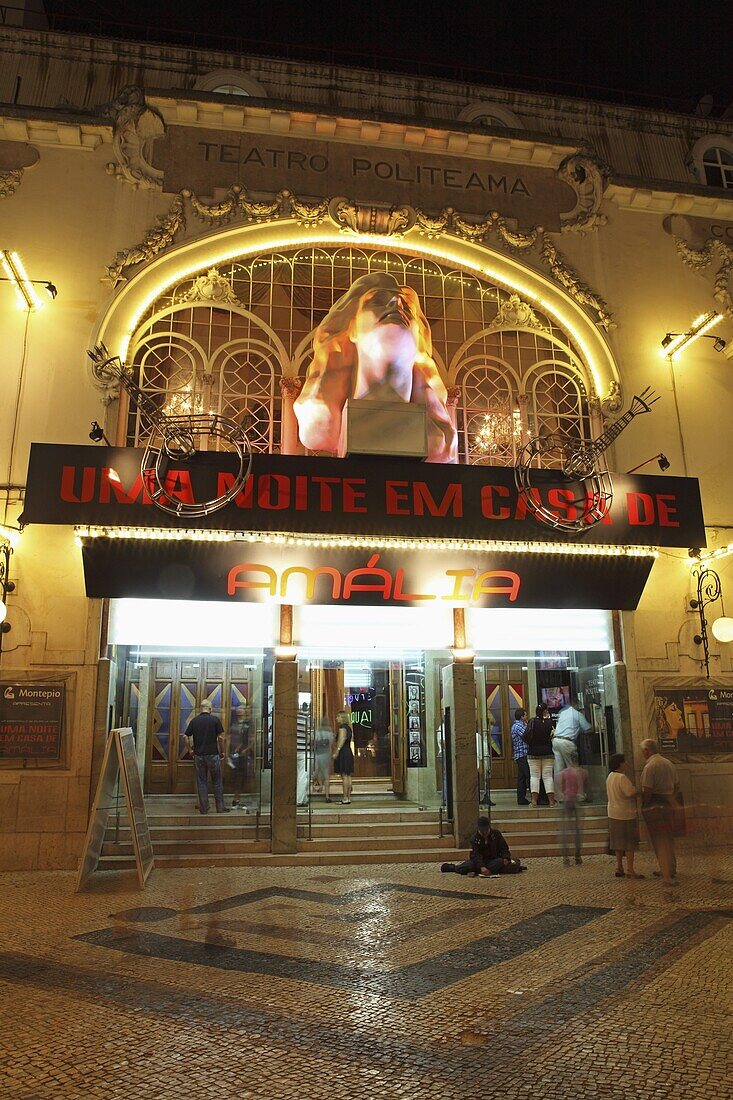 The Teatro Politeama at night, venue for a Fado show about Fado, in the Baixa district, Lisbon, Portugal, Europe