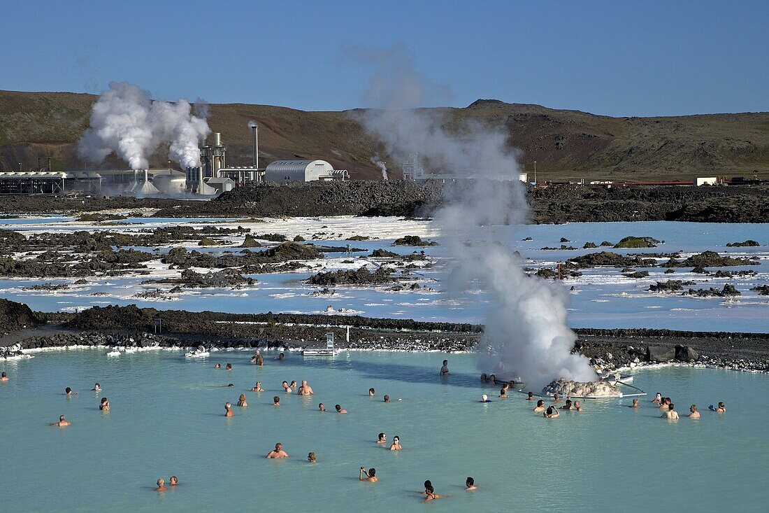 Outdoor geothermal swimming pool and power plant at the Blue Lagoon, Iceland, Polar Regions